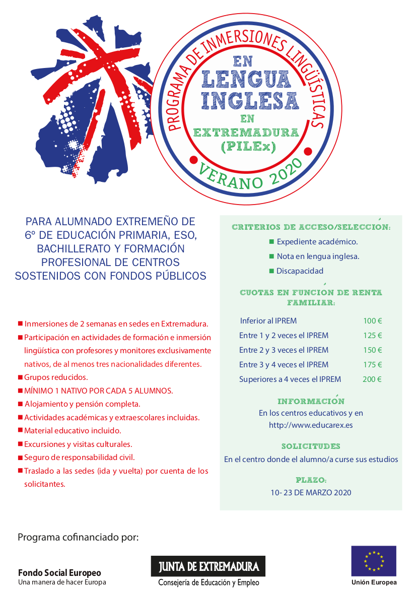 Cartel difusion Programa inmersiones linguisticas alumnado extremeño PILEx 2020